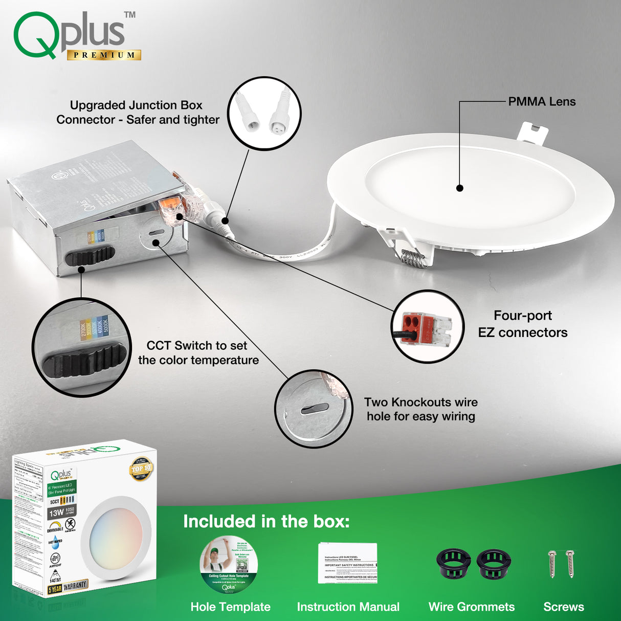 QPLUS Panel delgado de 6 pulgadas Empotrado Ajustable Temperatura multicolor LED Pot Light (Temperatura de color cambiable por el interruptor de pared) 