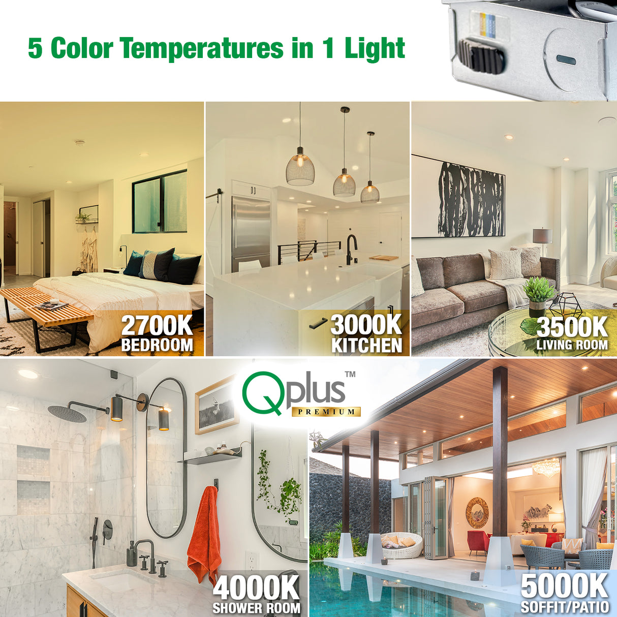 QPLUS Panel delgado de 6 pulgadas Empotrado Ajustable Temperatura multicolor LED Pot Light (Temperatura de color cambiable por el interruptor de pared) 