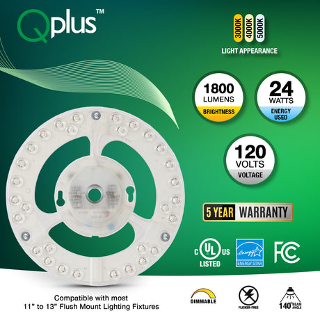 QPlus LED Circular Module Panel, Replacement Light, 7 Inch, 24W, 1800LM, 1CCT(3000K/4000K/5000K), Dimmable, Compatible with 11-13 Inch Flush Mount Lighting Fixtures, Energy Star Certified, ETL Listed, 5 Year Warranty