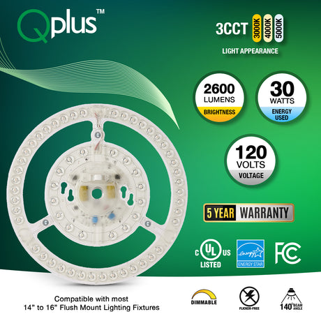 QPlus LED Circular Module Panel, Replacement Light, 9.4 Inch, 30W, 2600LM, 3CCT(3000K/4000K/5000K), Dimmable, Compatible with 14-16 Inch Flush Mount Lighting Fixtures, Energy Star Certified, UL Listed, 5 Year Warranty