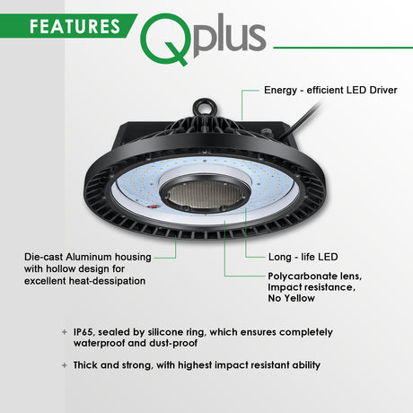 QPlus High Bay LED Light UFO 5000K / Warehouse Lighting 240W/31200 Lumens - 100/277Volts