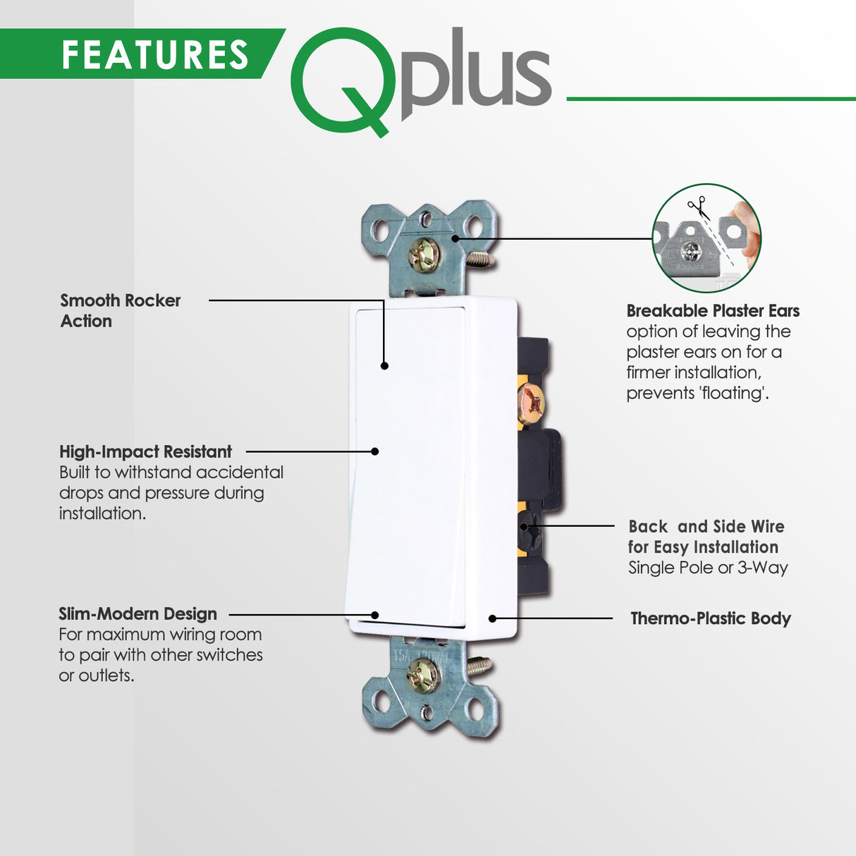 QPlus Single Pole Universal Wall Switch - cUL & FCC Certified