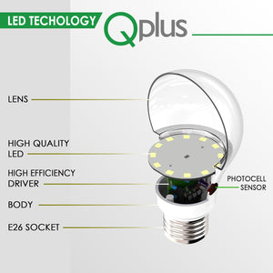 QPlus A19 LED Photocell Light Bulb, 10W, 750LM, 1CCT(3000K/4000K/5000K), Non-Dimmable, Dusk to Dawn Sensor, E26 Medium Screw Base, Energy Star Certified, UL Listed, 3 Year Warranty