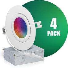 Load image into Gallery viewer, QPlus 4 Inch Smart Gimbal LED Recessed Pot Light with the Metal Junction Box, Narrow Gap, 10W, 750LM, RGB 16 Million Colors &amp; Tunable 2700K to 6500K, Energy Star Certified, ETL Listed, IC-Rated, Wet Rated, 5 Year Warranty