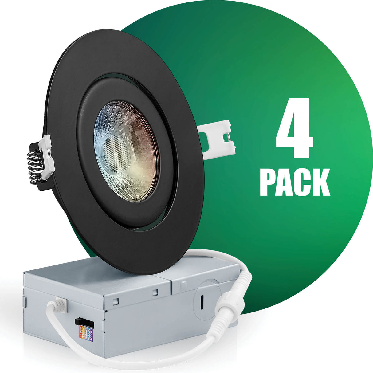 4 Inch Recessed LED Lighting, Gimbal, 5CCT Color Selectable, Wet Rated, Black Trim