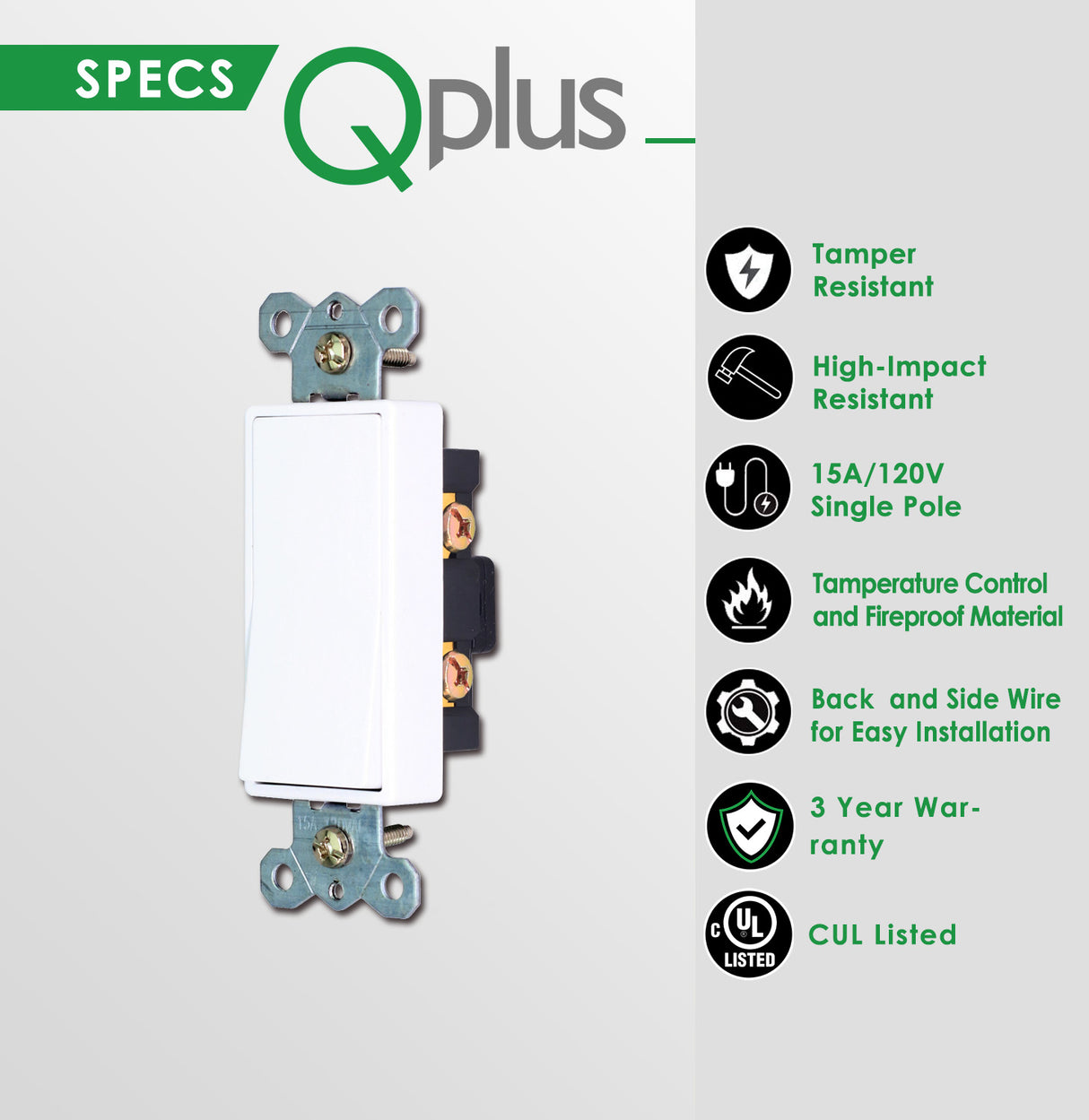 Interruptor de pared universal unipolar QPlus - Certificación cUL y FCC