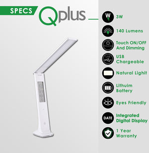 QPlus Lámpara de escritorio LED de estilo delgado, elegante, recargable, con pantalla digital - 3 niveles de brillo