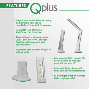 QPlus Lámpara de escritorio LED de estilo delgado, elegante, recargable, con pantalla digital - 3 niveles de brillo