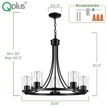 Load image into Gallery viewer, QPlus 5 Light Rustic Round Chandelier Pendant Lamp with E26 Bulb base &amp; Clear Glass Shades - Black / Bronze - QPlus Home - Brighten Your Life