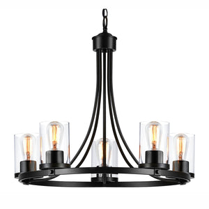 QPlus 5 Light Rustic Round Chandelier Pendant Lamp with E26 Bulb base & Clear Glass Shades - Black / Bronze - QPlus Home - Brighten Your Life