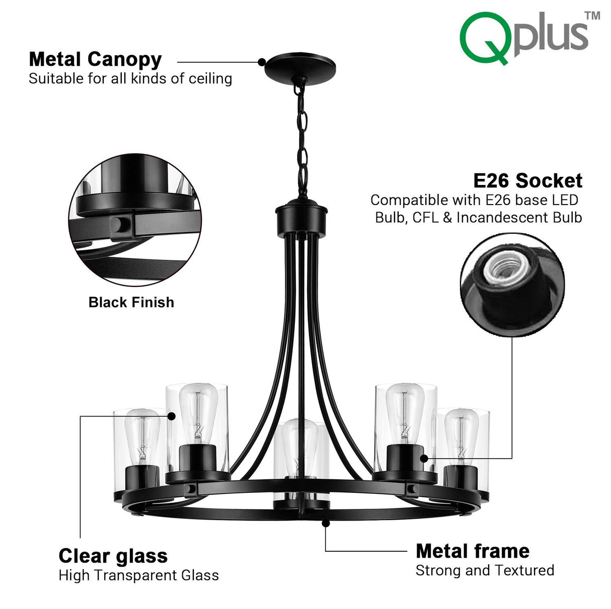 QPlus 5 Light Rustic Round Chandelier Pendant Lamp with E26 Bulb base & Clear Glass Shades - Black / Bronze - QPlus Home - Brighten Your Life